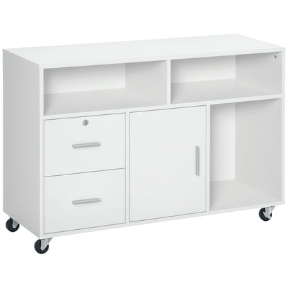 Lateral Filing Cabinet with Open Storage Shelf, Printer Stand Home Office Mobile File Cabinet with Wheels, Lockable Drawer, White