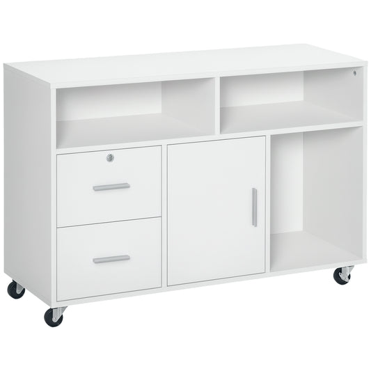 Lateral Filing Cabinet with Open Storage Shelf, Printer Stand Home Office Mobile File Cabinet with Wheels, Lockable Drawer, White