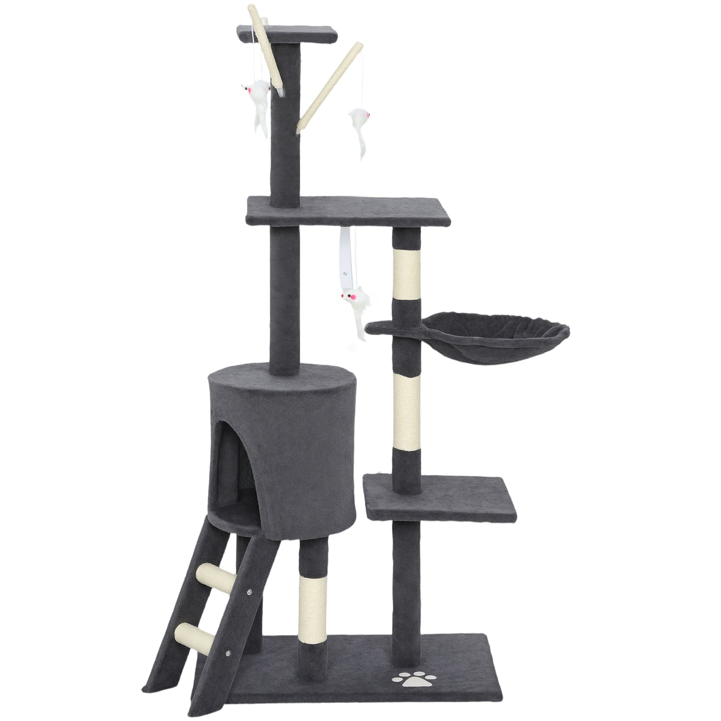 53" Cat Tree Tower, Kitten Activity Centre with Scratching Posts, Condo, Perches, Ladder, Hammock, Dangling Toys, Dark Grey