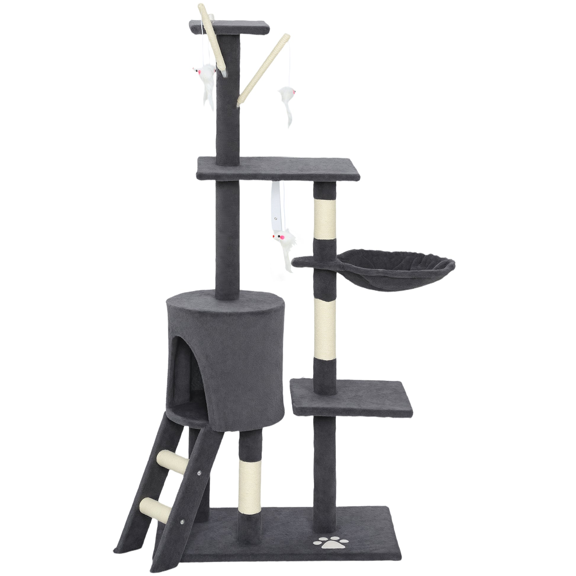 53" Cat Tree Tower, Kitten Activity Centre with Scratching Posts, Condo, Perches, Ladder, Hammock, Dangling Toys, Dark Grey