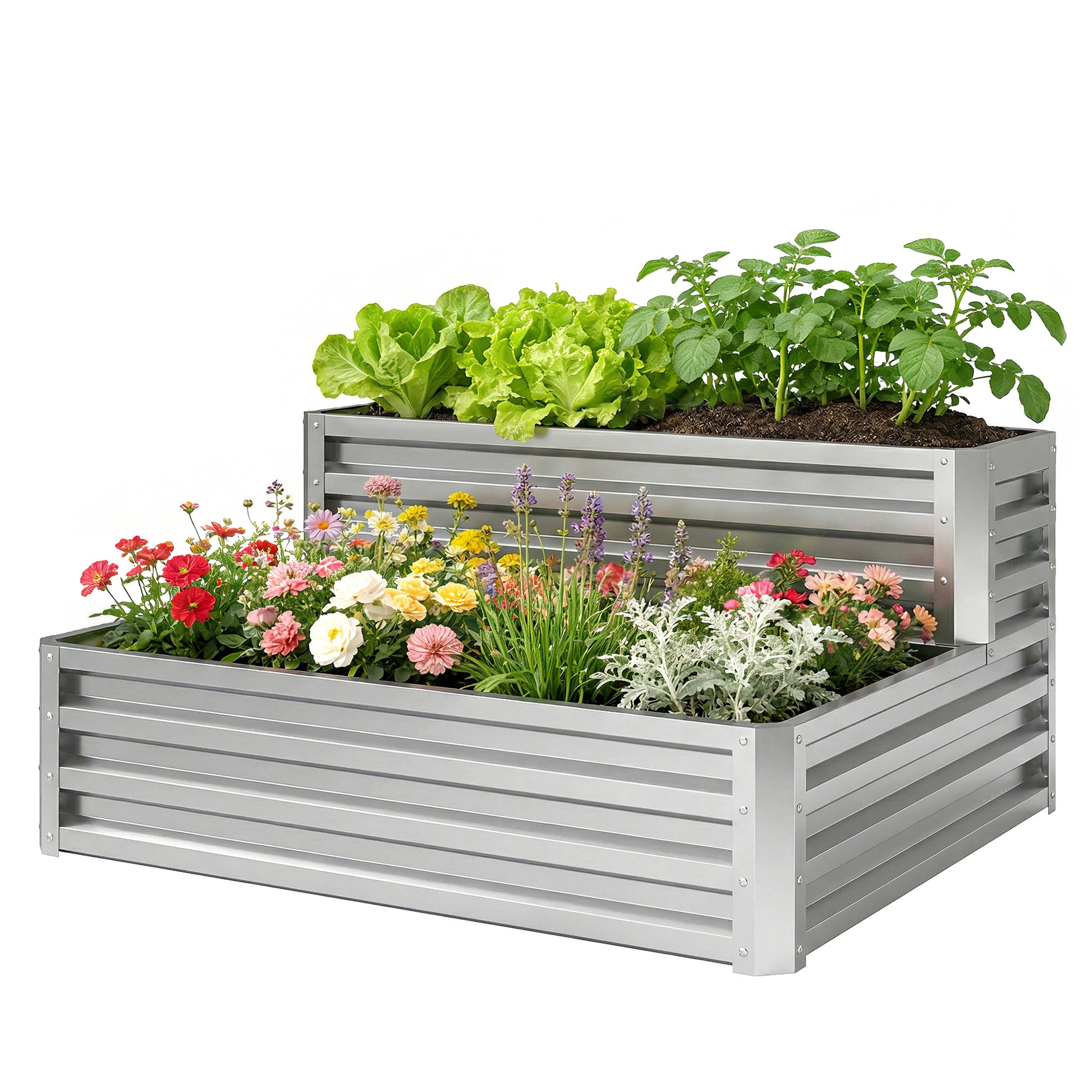 2 Tier Galvanized Raised Garden Bed, Steel Planter Box for Vegetables, Flowers, Herbs, 47" x 40" x 23", Silver