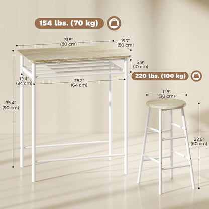 3 Piece Counter Height Bar Table Set with 1 Table, 2 Matching Stools, Dining Table Set with Storage Shelf and Metal Frame Footrest, White and Oak