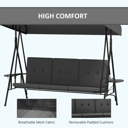 3-Seat Outdoor Porch Swing Patio Swing with Adjustable Canopy, Side Tray, Removable Cushion for Garden, Poolside, Grey