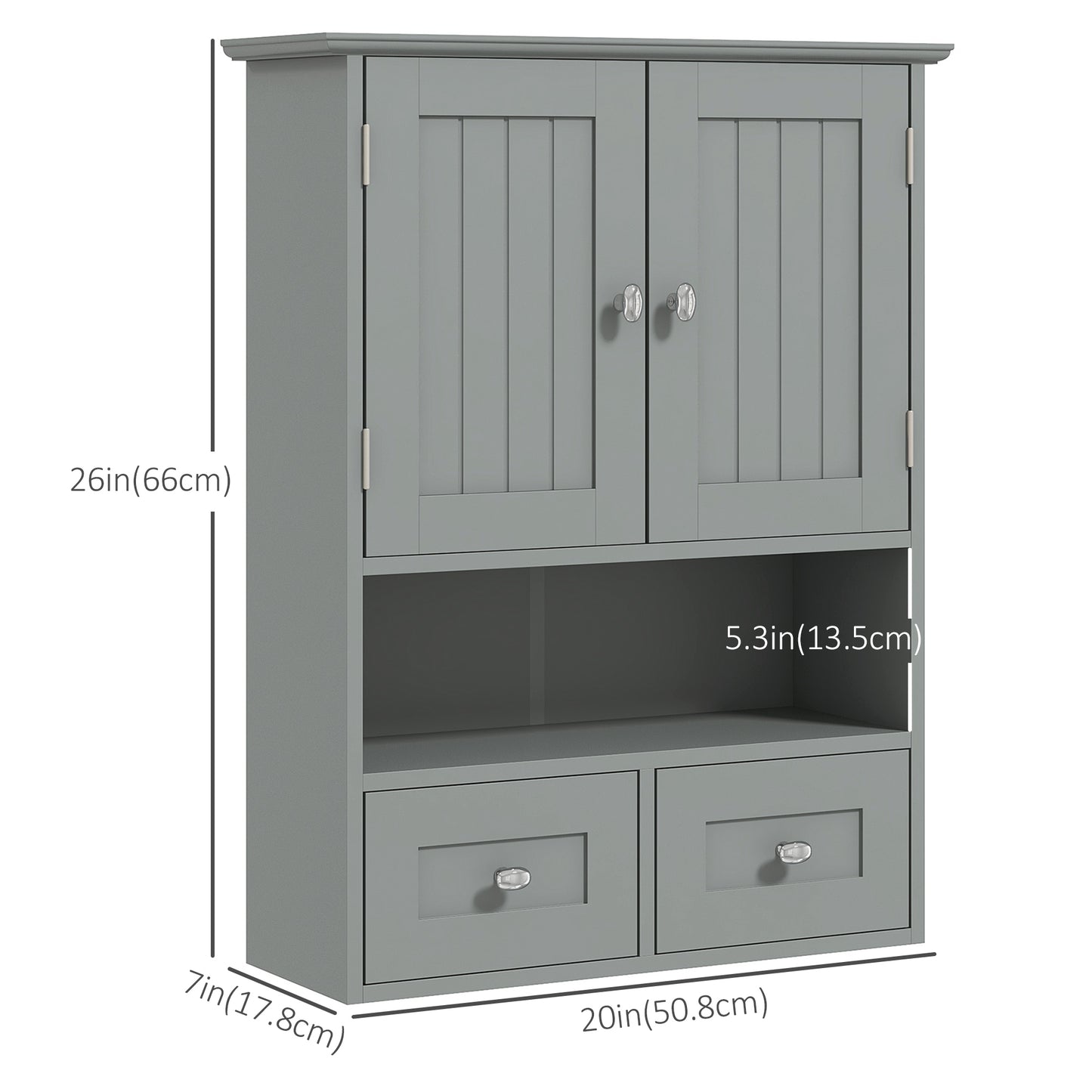Bathroom Wall Cabinet with 2 Drawers, Modern Medicine Cabinet with 2 Doors and Open Shelf, Over the Toilet Storage Organizer for Living Room, Kitchen，20" x 7" x 26", Grey
