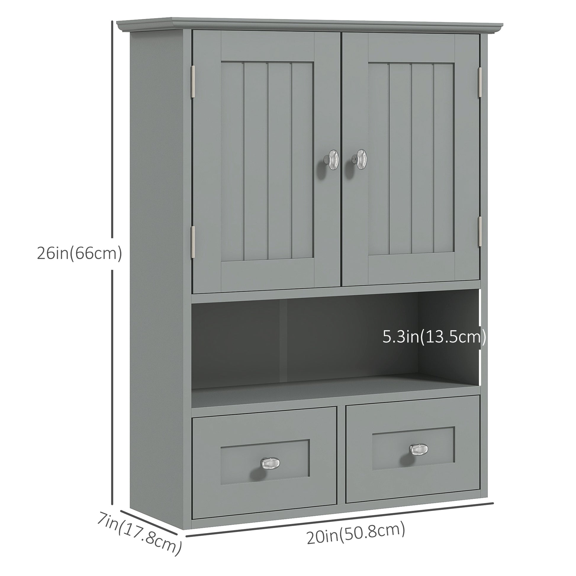 Bathroom Wall Cabinet with 2 Drawers, Modern Medicine Cabinet with 2 Doors and Open Shelf, Over the Toilet Storage Organizer for Living Room, Kitchen，20" x 7" x 26", Grey
