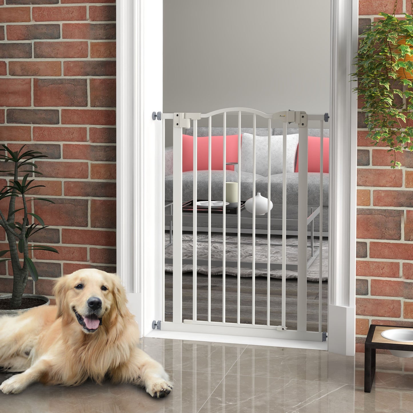 Extra Tall Dog Gate with Door, Pressure Fit, Auto Close, Double Locking for Doorways Hallways Stairs, 29"-32", White