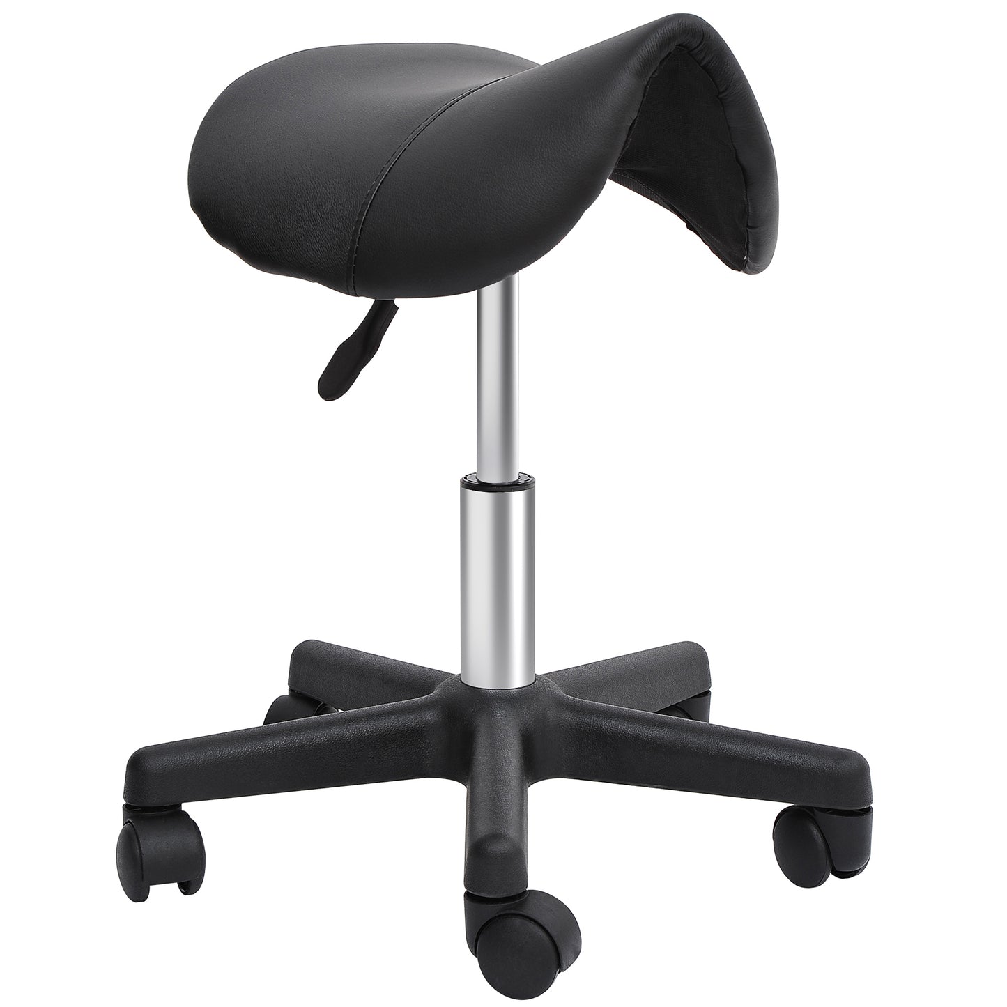 Saddle Stool, PU Leather Rolling Stool with Wheels, Adjustable Salon Chair for Kitchen, Salon Spa, Bar, Home Office, Massage, Black