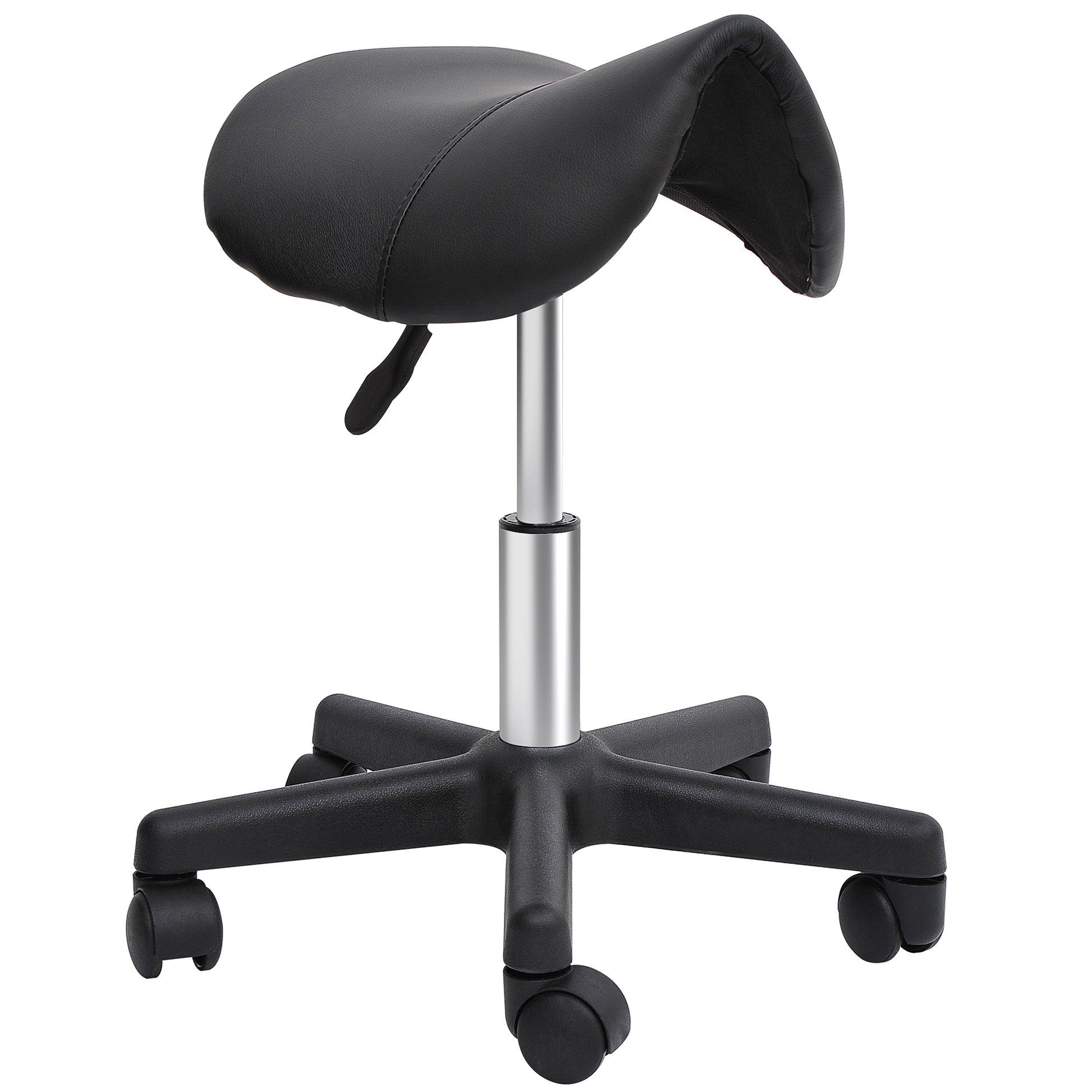 Saddle Stool, PU Leather Rolling Stool with Wheels, Adjustable Salon Chair for Kitchen, Salon Spa, Bar, Home Office, Massage, Black