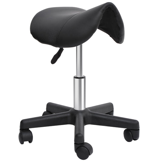 Saddle Stool, PU Leather Rolling Stool with Wheels, Adjustable Salon Chair for Kitchen, Salon Spa, Bar, Home Office, Massage, Black