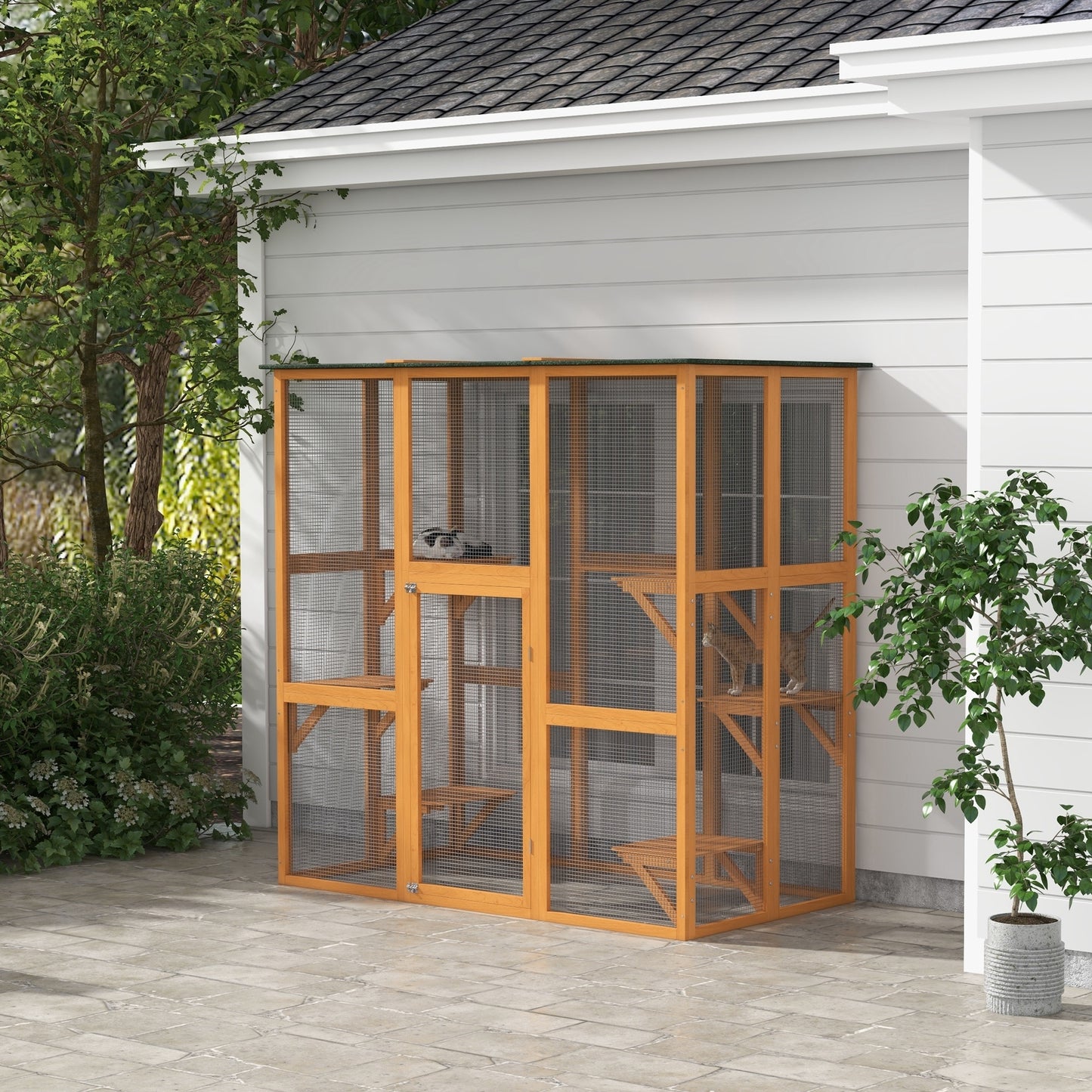 71" x 39" x 71" Cat Cage, Large Outdoor Wooden Cat Patio with 6 Balanced Platforms and Asphalt Roof, Orange