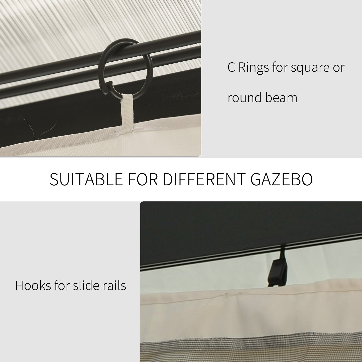 Gazebo Curtains, 10' x 13' Universal Replacement Privacy Curtain, 4-Panels Sidewall with Hooks/C-Rings, Beige