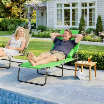 Folding Chaise Lounge Chair, Reclining Beach Tanning Chair with Face Hole, Pillow, 4-Position Adjustable Lay Flat Sun Lounger, Steel Frame for Outdoor Patio Pool, Green