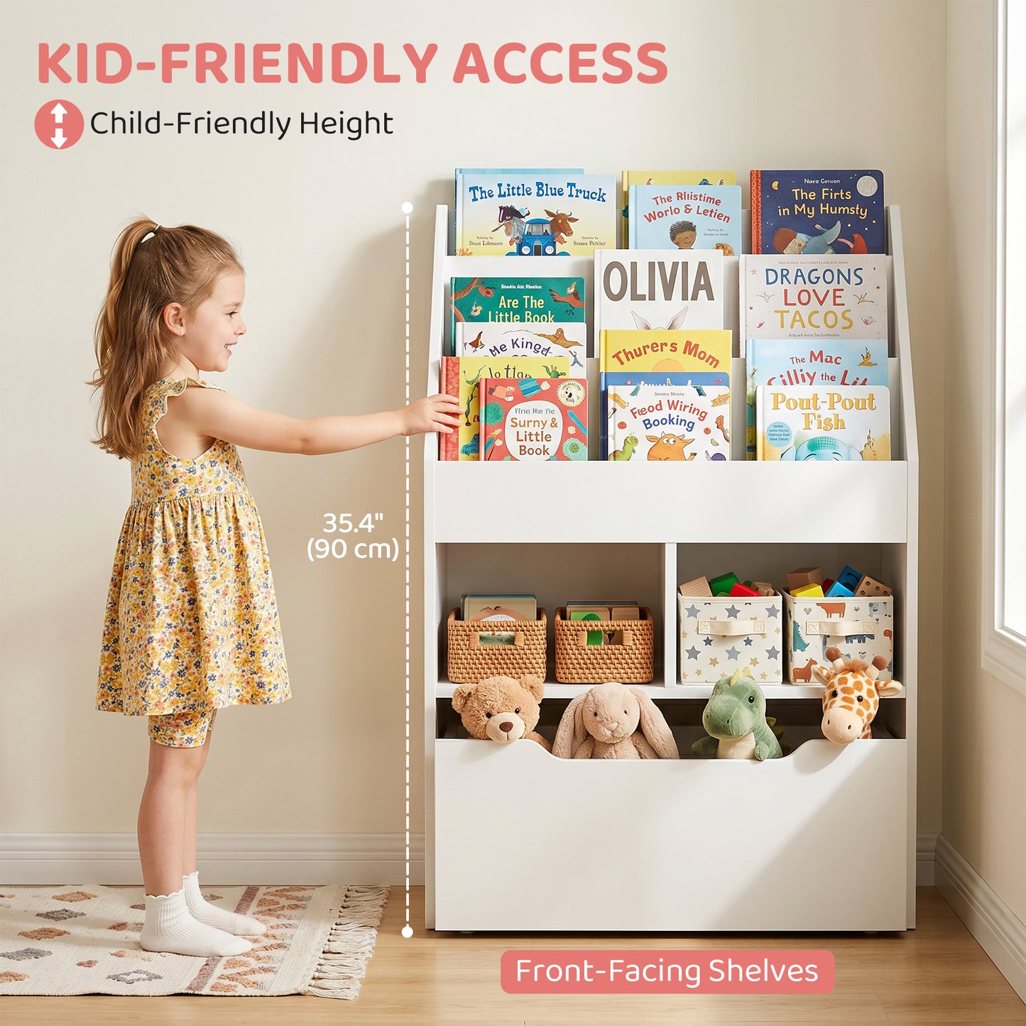 Kids Bookshelf Bookcase, Montessori-Inspired Multi-Shelf Rack Organizer with Moveable Drawer for Books for Reading Nook, Classroom, Bedroom, Playroom, White