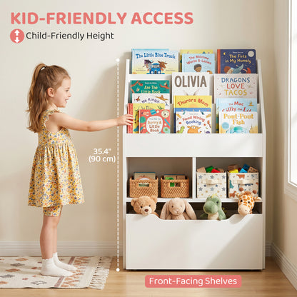 Kids Bookshelf Bookcase, Montessori-Inspired Multi-Shelf Rack Organizer with Moveable Drawer for Books for Reading Nook, Classroom, Bedroom, Playroom, White