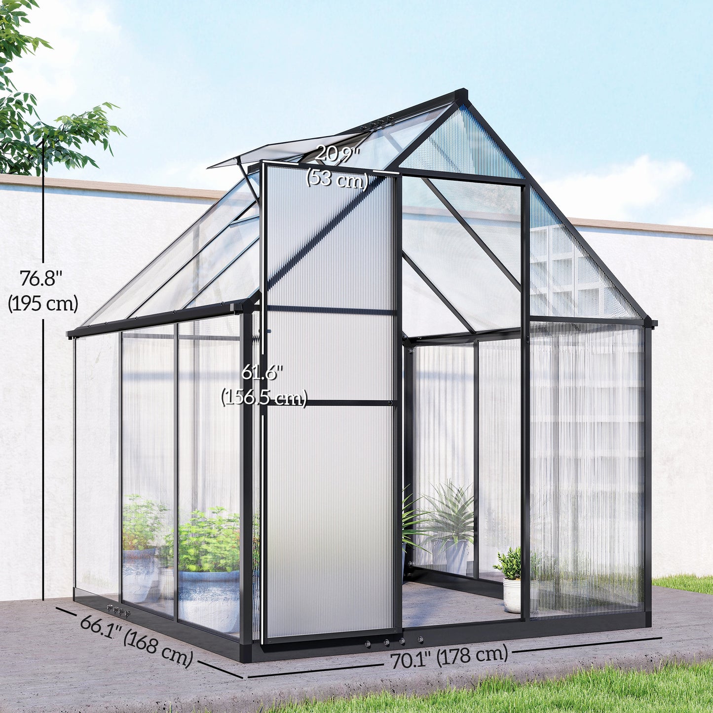 Polycarbonate Greenhouse with Swing Door and Adjustable Window, Walk-in Greenhouse with Rain Gutter, 6 x 6.5ft, Black