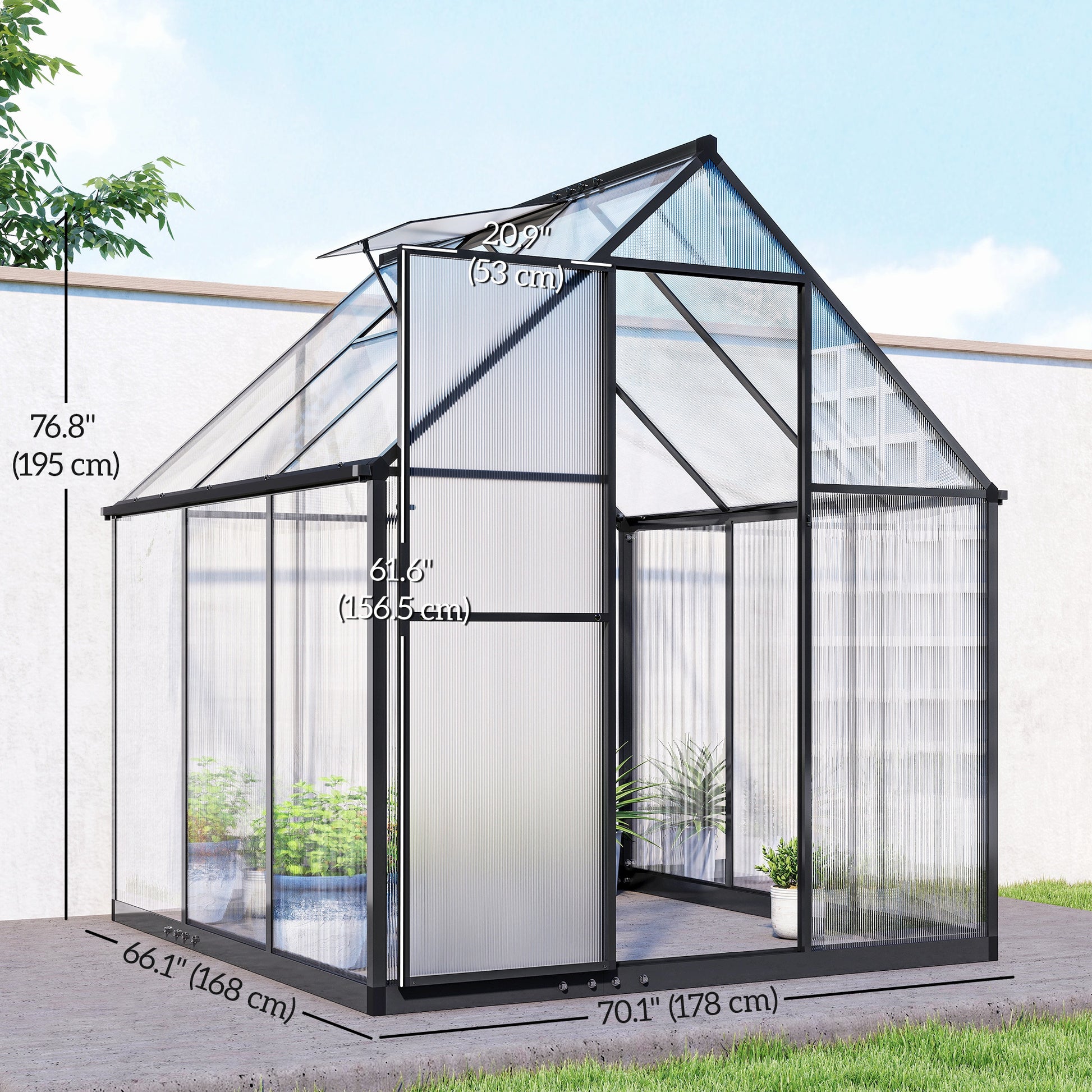 Polycarbonate Greenhouse with Swing Door and Adjustable Window, Walk-in Greenhouse with Rain Gutter, 6 x 6.5ft, Black