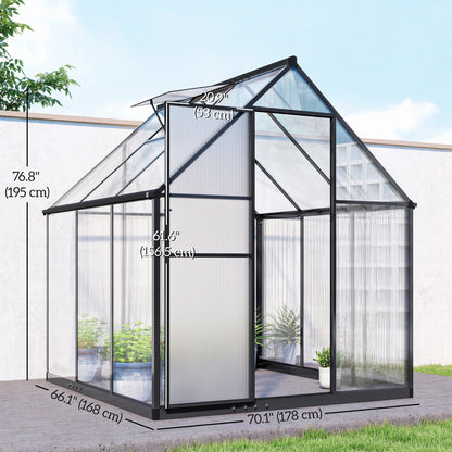 Polycarbonate Greenhouse with Swing Door and Adjustable Window, Walk-in Greenhouse with Rain Gutter, 6 x 6.5ft, Black