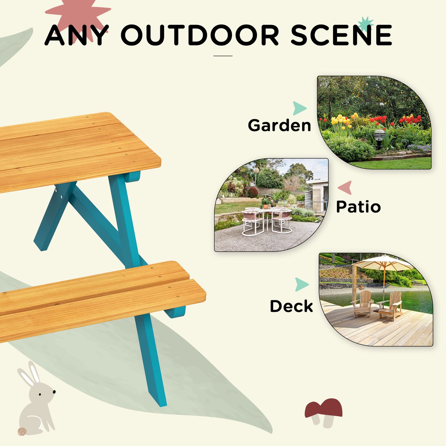 Kids Outdoor Table Set Wooden Toddler Picnic Table and Benches for 4 Kids 3-8 Years, Easy Installation, Natural Wood