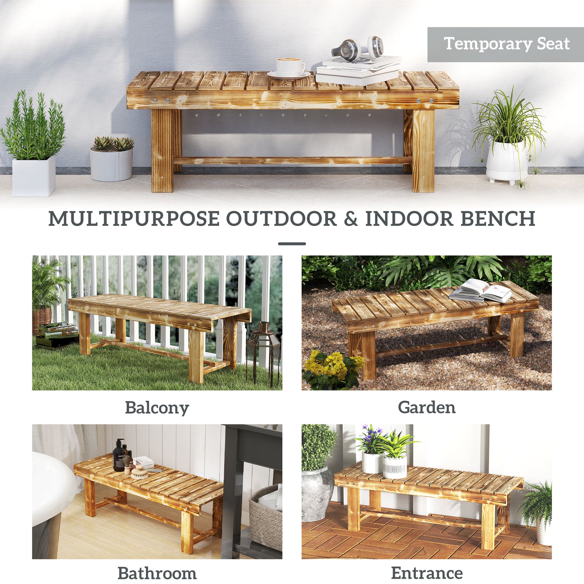 Outdoor Garden Bench, Backless Patio Fir Wood Stool, Armless Loveseat, 43.25" x 15" x 13.75", Carbonized