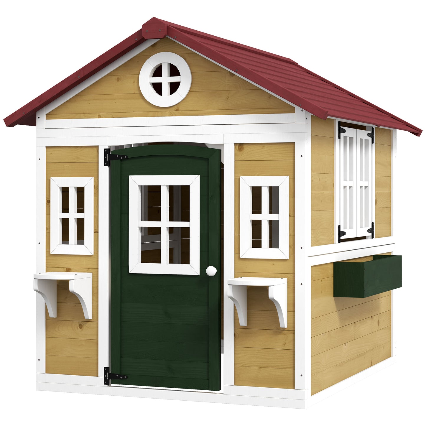 Kids Wooden Outdoor Playhouse for Toddlers aged 3–8, featuring Door, Windows, Planter Pots and Boxes, Garden Cottage Style Backyard Playhouse, Beige