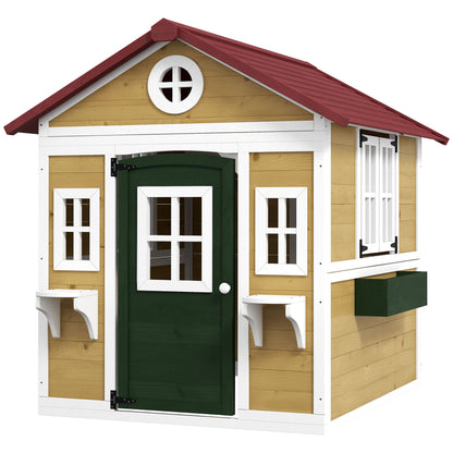 Kids Wooden Outdoor Playhouse for Toddlers aged 3–8, featuring Door, Windows, Planter Pots and Boxes, Garden Cottage Style Backyard Playhouse, Beige