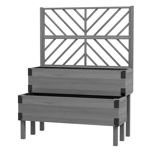 Raised Garden Bed with Trellis, 2 Tier Wooden Elevated Planter Box for Vegetables, Flowers, Herbs, Grey