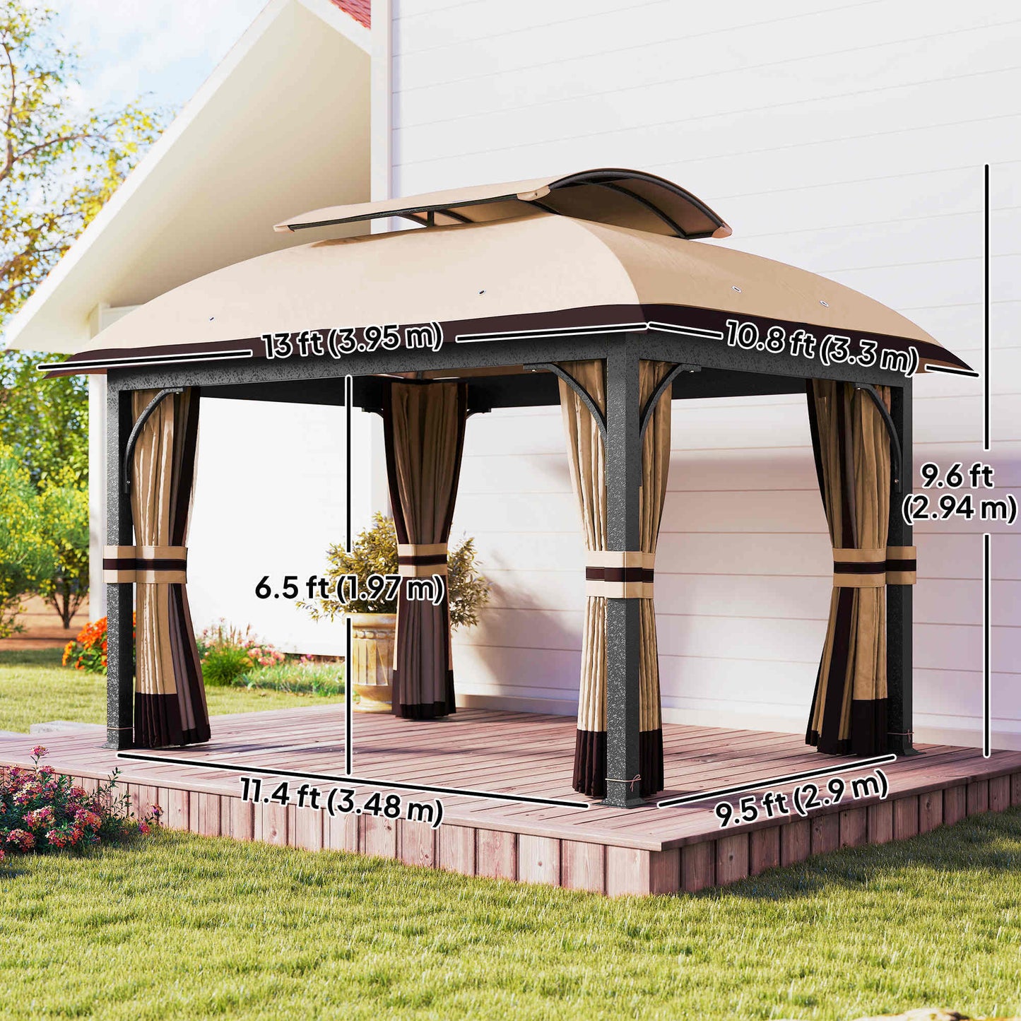 11' x 13' Patio Gazebo, Double Roof Outdoor Gazebo Canopy with Netting & Curtains, Galvanized Metal Frame, Khaki