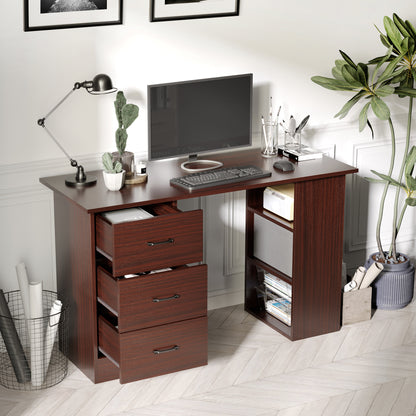 Computer Desk, 47" Writing Table with 3-Tier Shelves and 3 Reversible Drawers for Home Office, Bedroom, Walnut