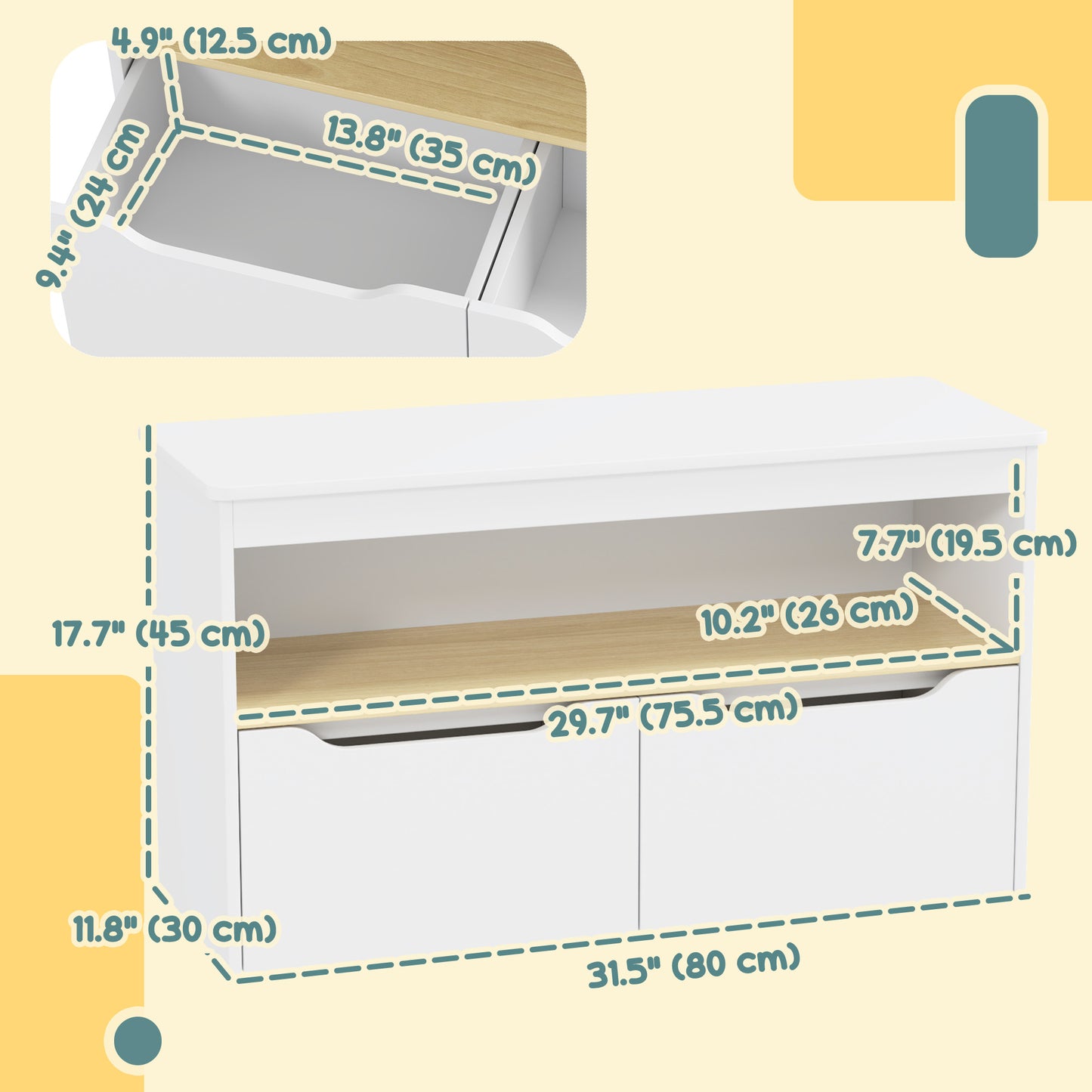 Qaba Kids Bookshelf with 2 Drawers, Large Tabletop, Shelf, for Nursery, Kids Room, Bedroom, Living Room, White