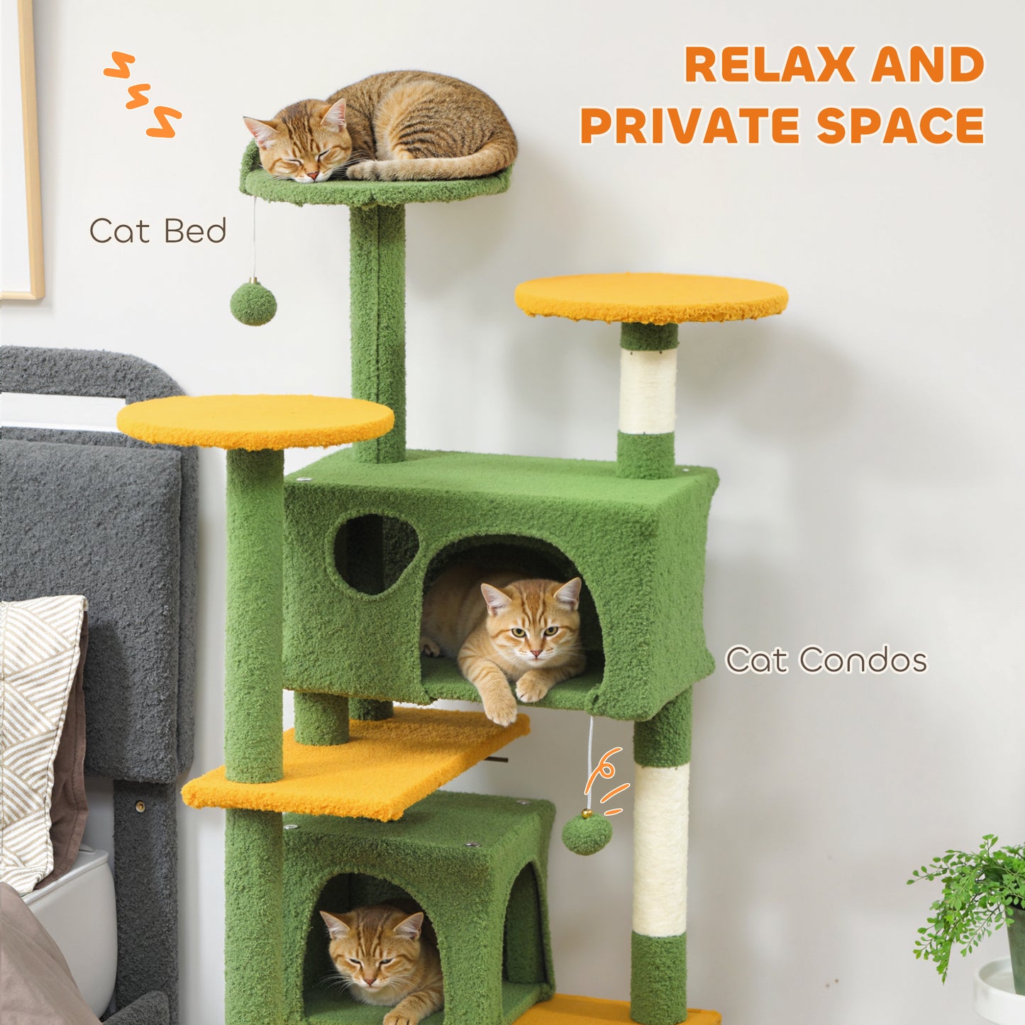 54" Cat Tree, Multi-Level Cat Tower with Scratching Posts, Cat Condos, Bed, Platforms, Ramp, Toy Ball, Green