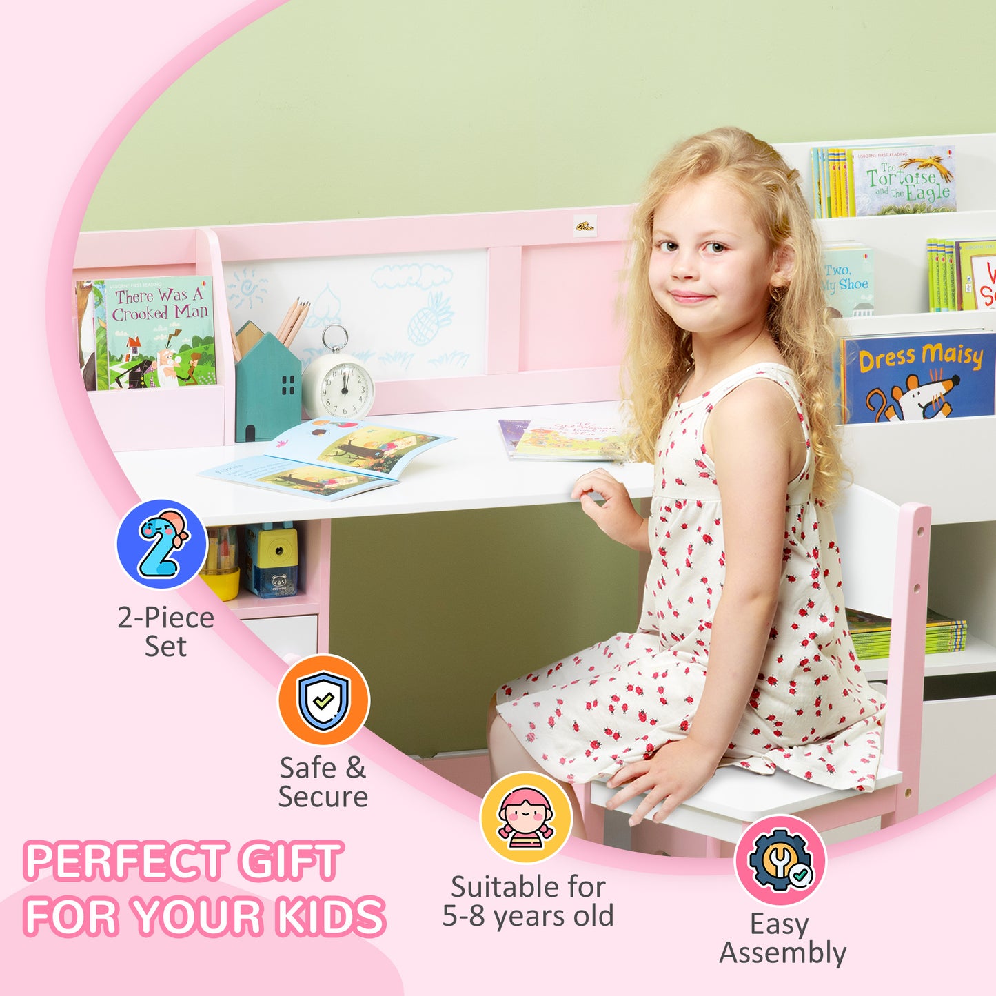 Qaba 2Pcs Kids Desk and Chair Set with Whiteboard, Storage, Shelves, Pink