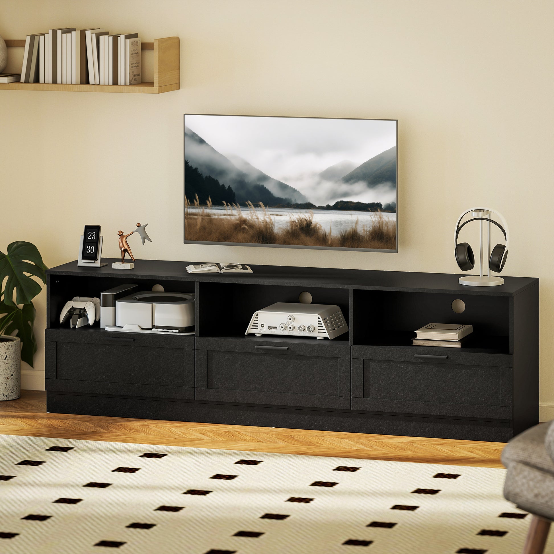 TV Stand with Storage, Modern Entertainment Center with 3 Cabinets and 3 Open Shelves, for TVs up to 85", Black
