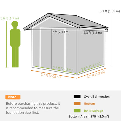 7'x 4'x 6' Garden Tool Shed Metal Storage Shed w/ Foundation Kit and Double Doors Silver