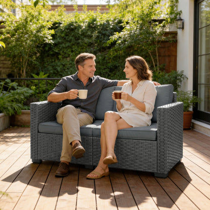 2 Seater Outdoor Couch Patio Sofa with Deep Seat, Cushions, Wide Armrests for Garden, Balcony, Porch, Dark Grey