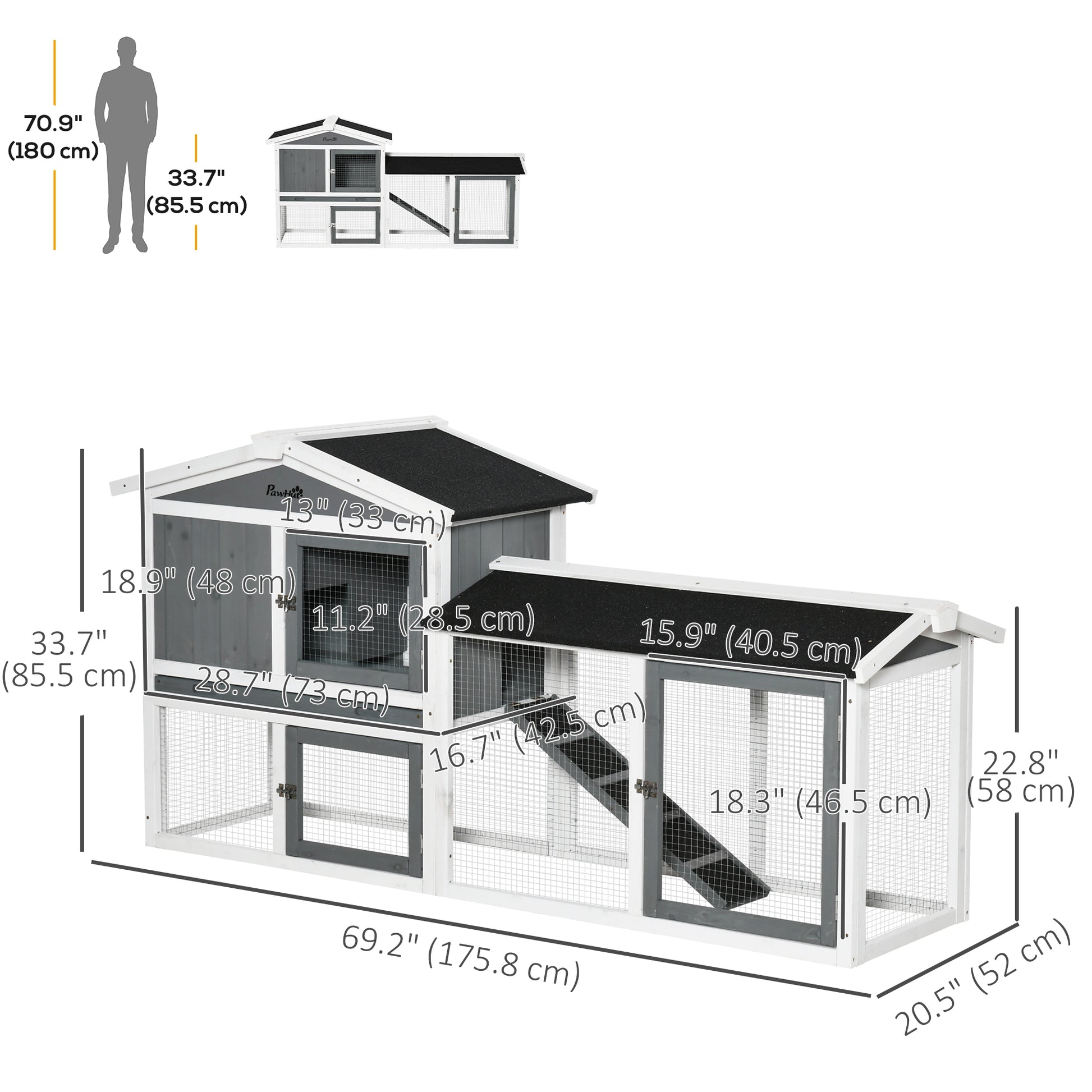 69"L Wooden Rabbit Hutch Pet Playpen Bunny House Enclosure with Run Box, Slide-out Tray, Ramp, White