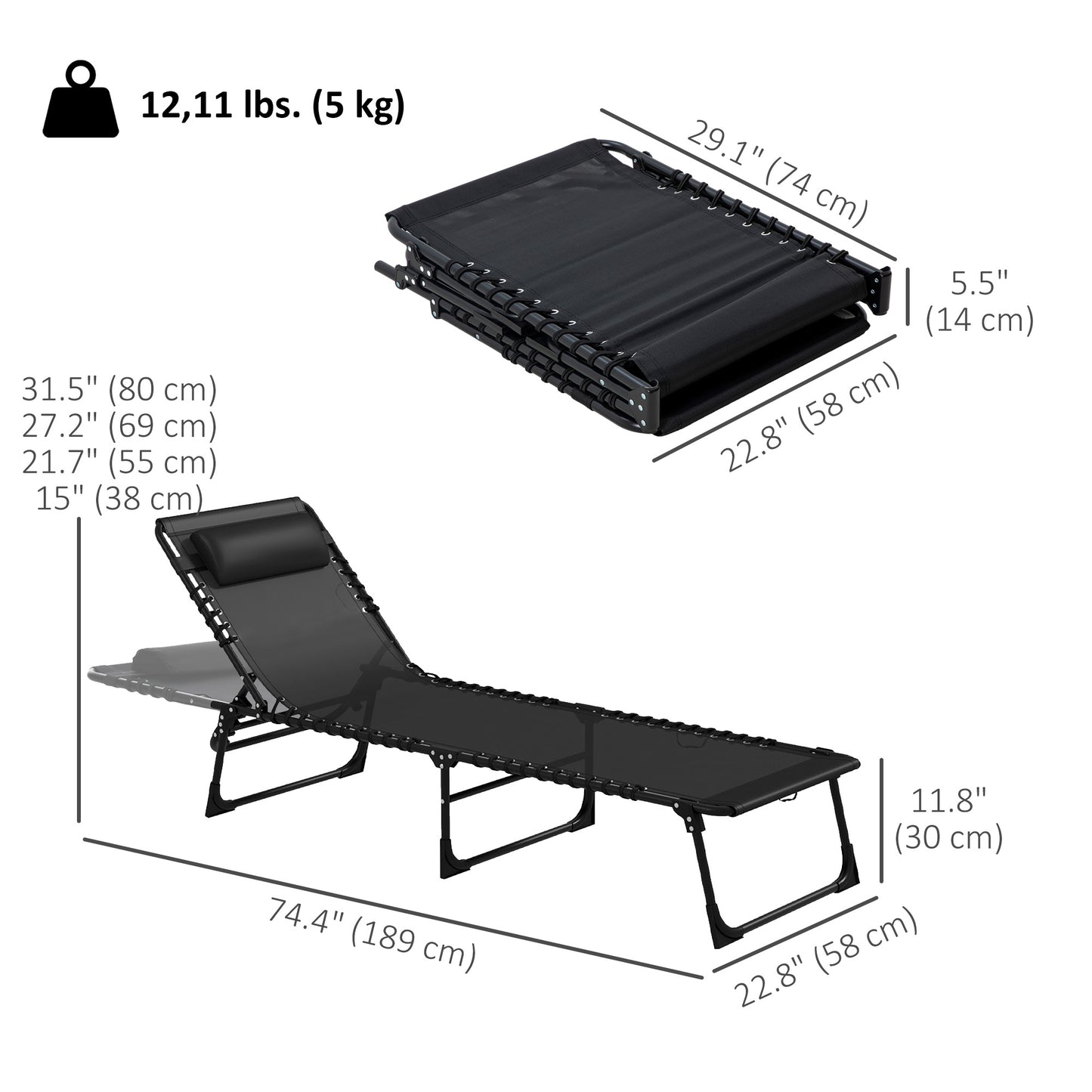 2pcs Folding Lounge Chair, Adjustable Chaise Lounge with Headrest, Reclining Lounger Cot for Camping, Black