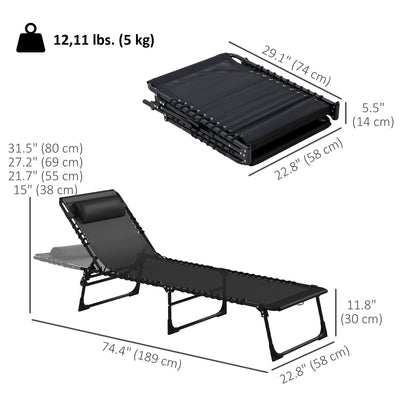 2pcs Folding Lounge Chair, Adjustable Chaise Lounge with Headrest, Reclining Lounger Cot for Camping, Black