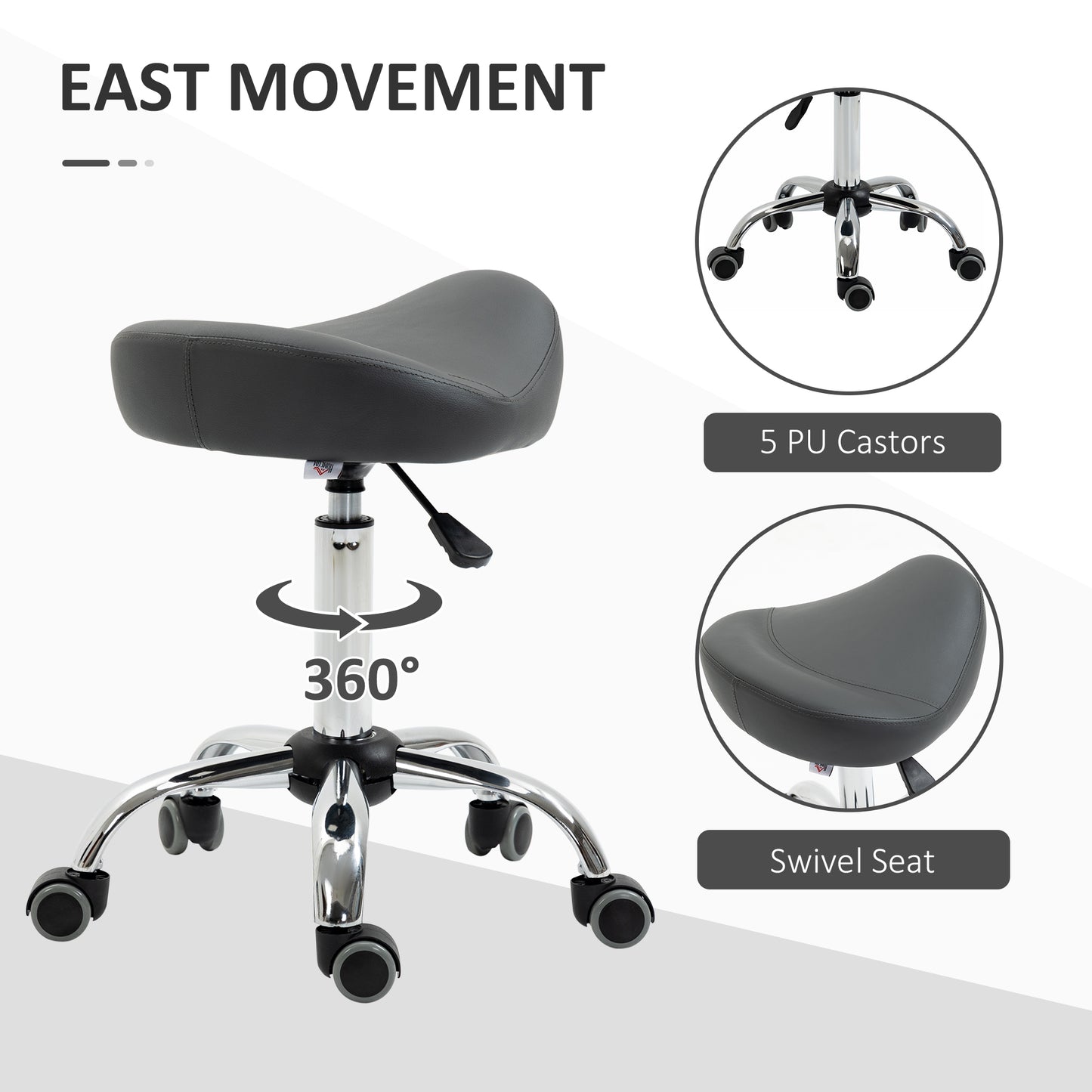 Saddle Stool, Height Adjustable Rolling Salon Chair with PU Leather for Massage, Spa, Clinic, Beauty and Tattoo, Grey
