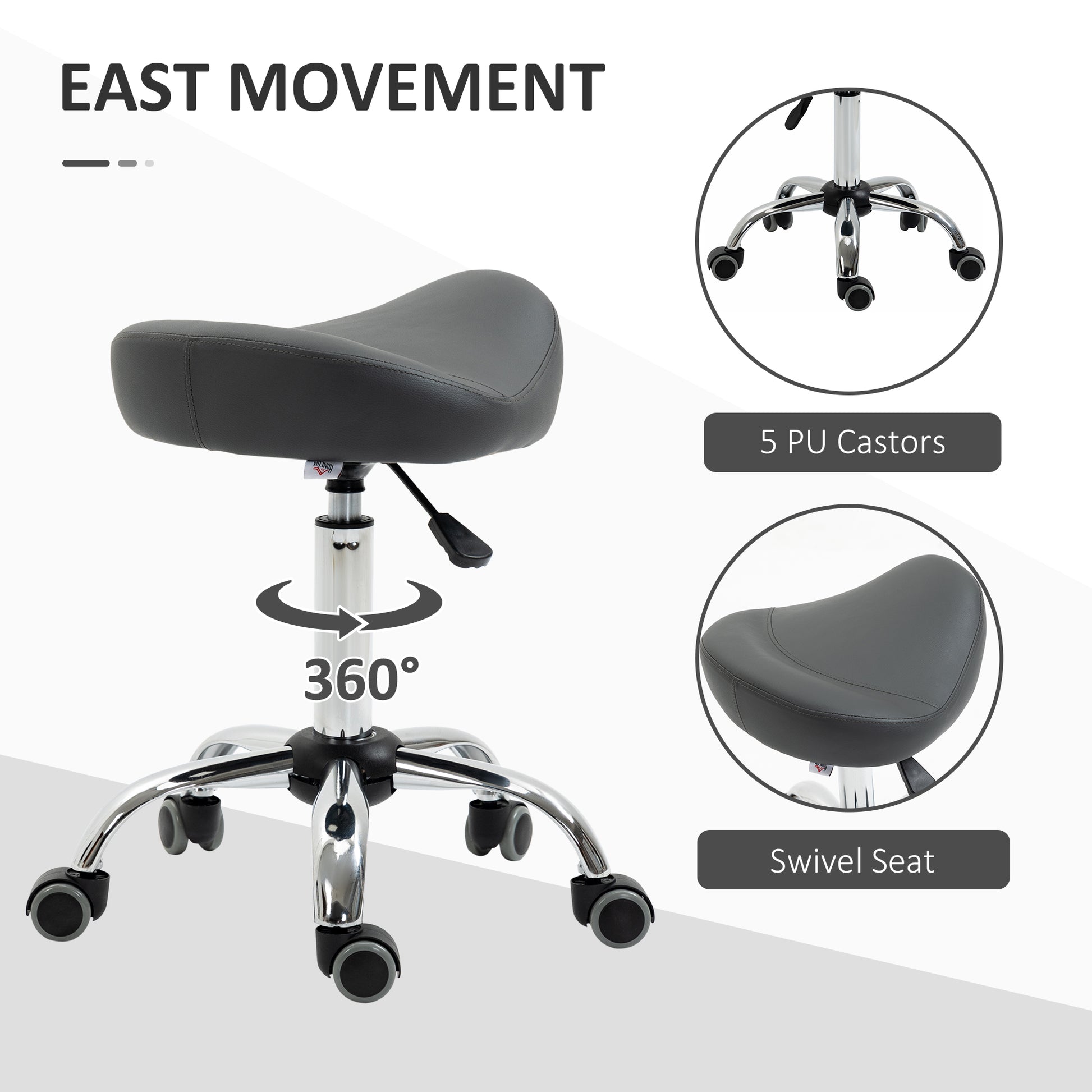 Saddle Stool, Height Adjustable Rolling Salon Chair with PU Leather for Massage, Spa, Clinic, Beauty and Tattoo, Grey