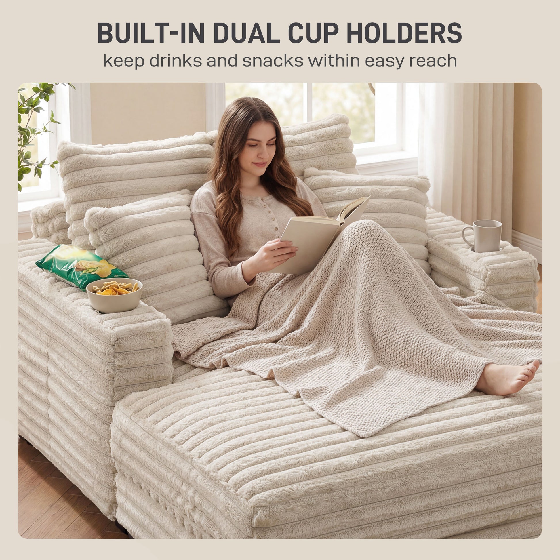 60" Chaise Lounge Chair, Oversized Upholstered Sofa Bed with Cup Holders & Pillows, Sleeper Couch for Living Room, Beige