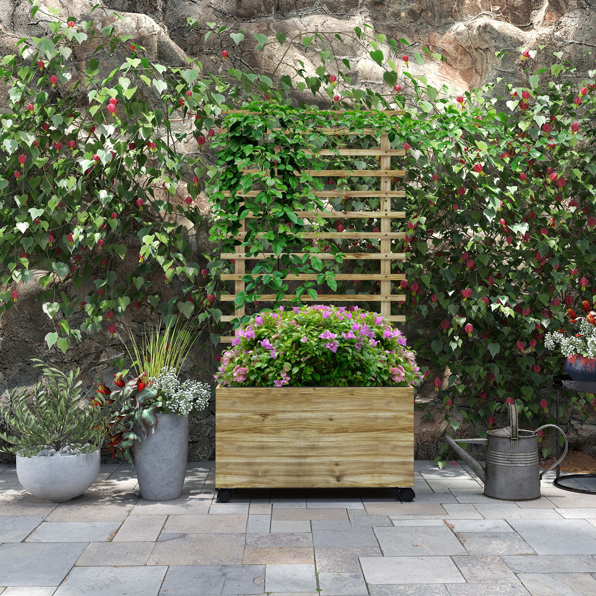 Wooden Planter with Trellis, Raised Garden Bed with 4 Wheels for Climbing Plants, 30" x 12" x 61", Nature Wood