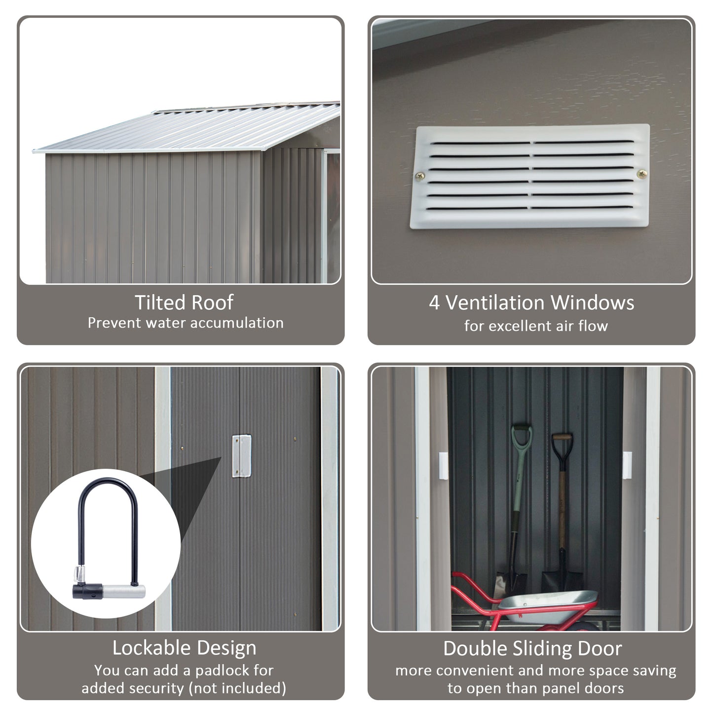 9'x6.3'Garden Storage Outdoor Shed w/ Floor Foundation Outdoor Yard Metal Tool Storage House Grey White