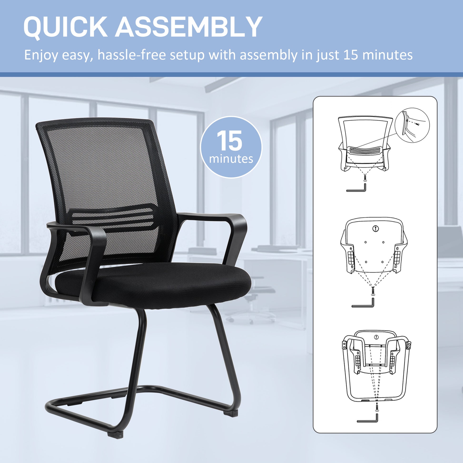 Ergonomic Desk Chair No Wheels, Padded Mesh Office Reception Chair with Sled Base, Black