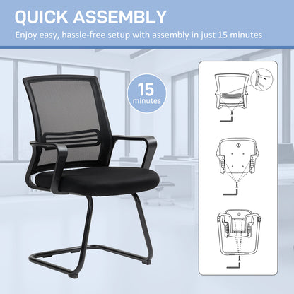 Ergonomic Desk Chair No Wheels, Padded Mesh Office Reception Chair with Sled Base, Black