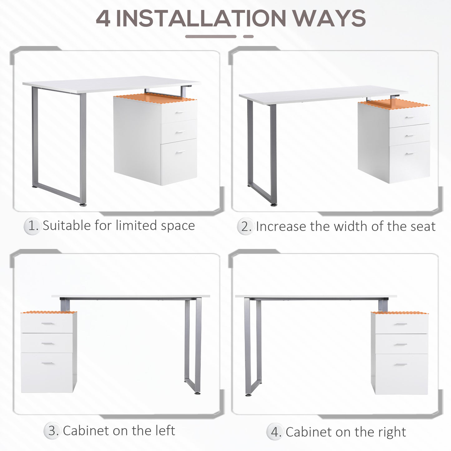 47" Computer Desk Writing Table Workstation with Multi-Use Reversible File Drawers Metal Frame Home Office Furniture, White