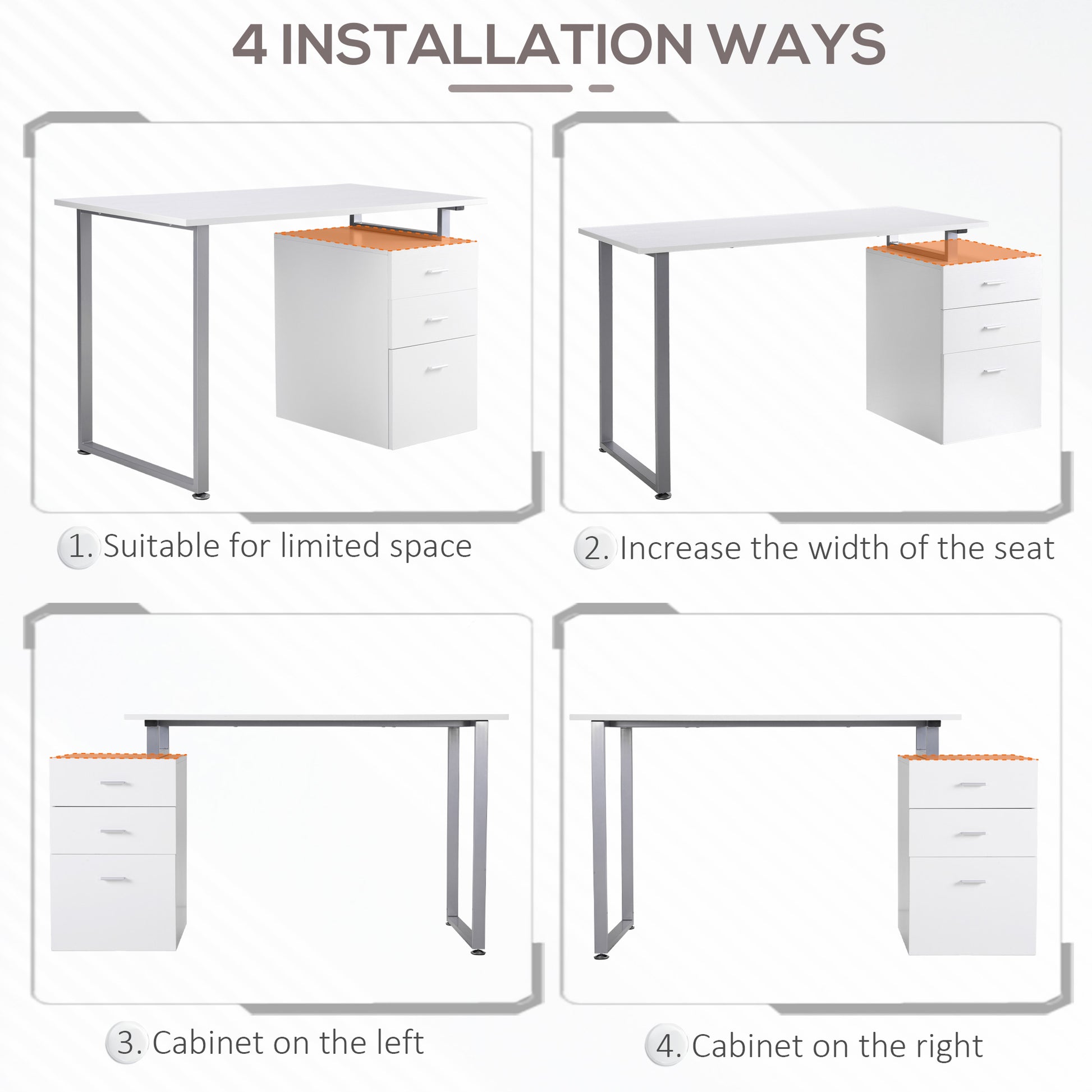 47" Computer Desk Writing Table Workstation with Multi-Use Reversible File Drawers Metal Frame Home Office Furniture, White