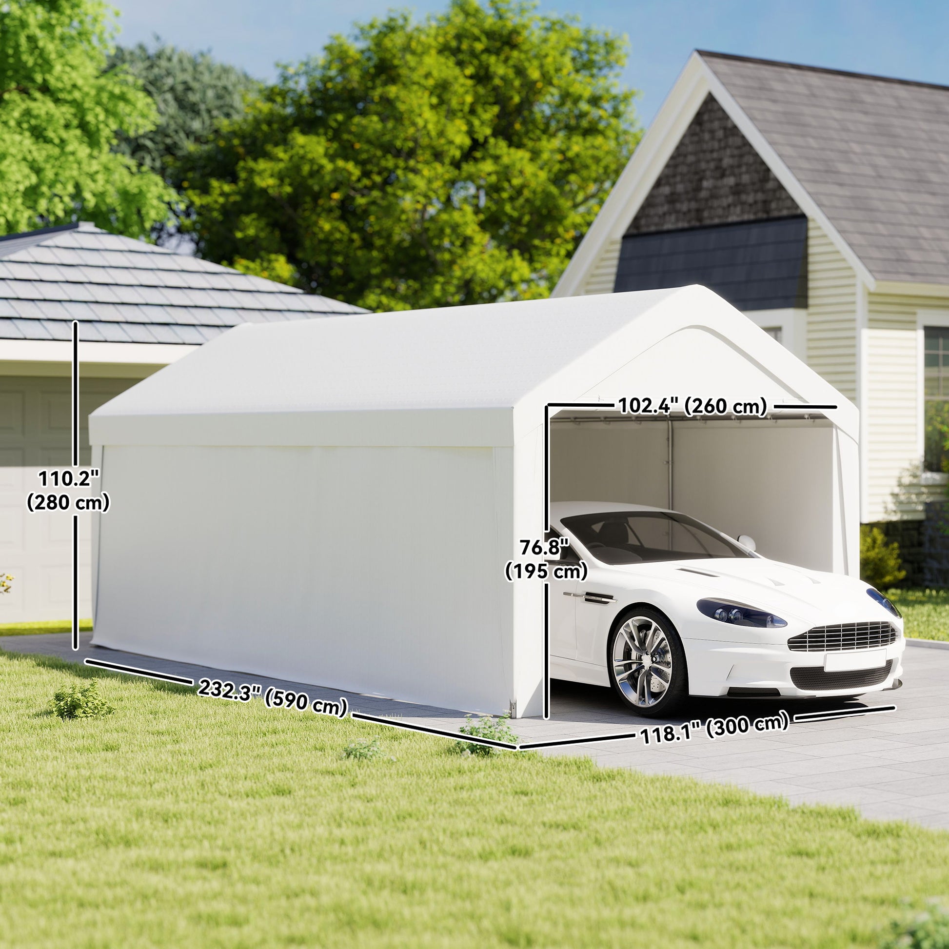 Carport, 10 x 20 ft Portable Garage with 2 Roll-Up Doors and Removable Sidewalls for Car, Truck, Boat, White
