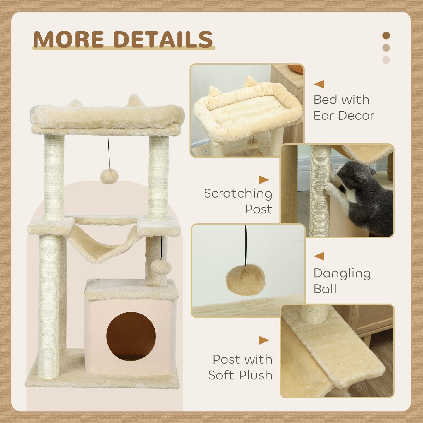 39.25'' Cat Tree Tower Multi-Level Kitten House with Scratching Post Condo Hammock Bed Ball Toy - Beige