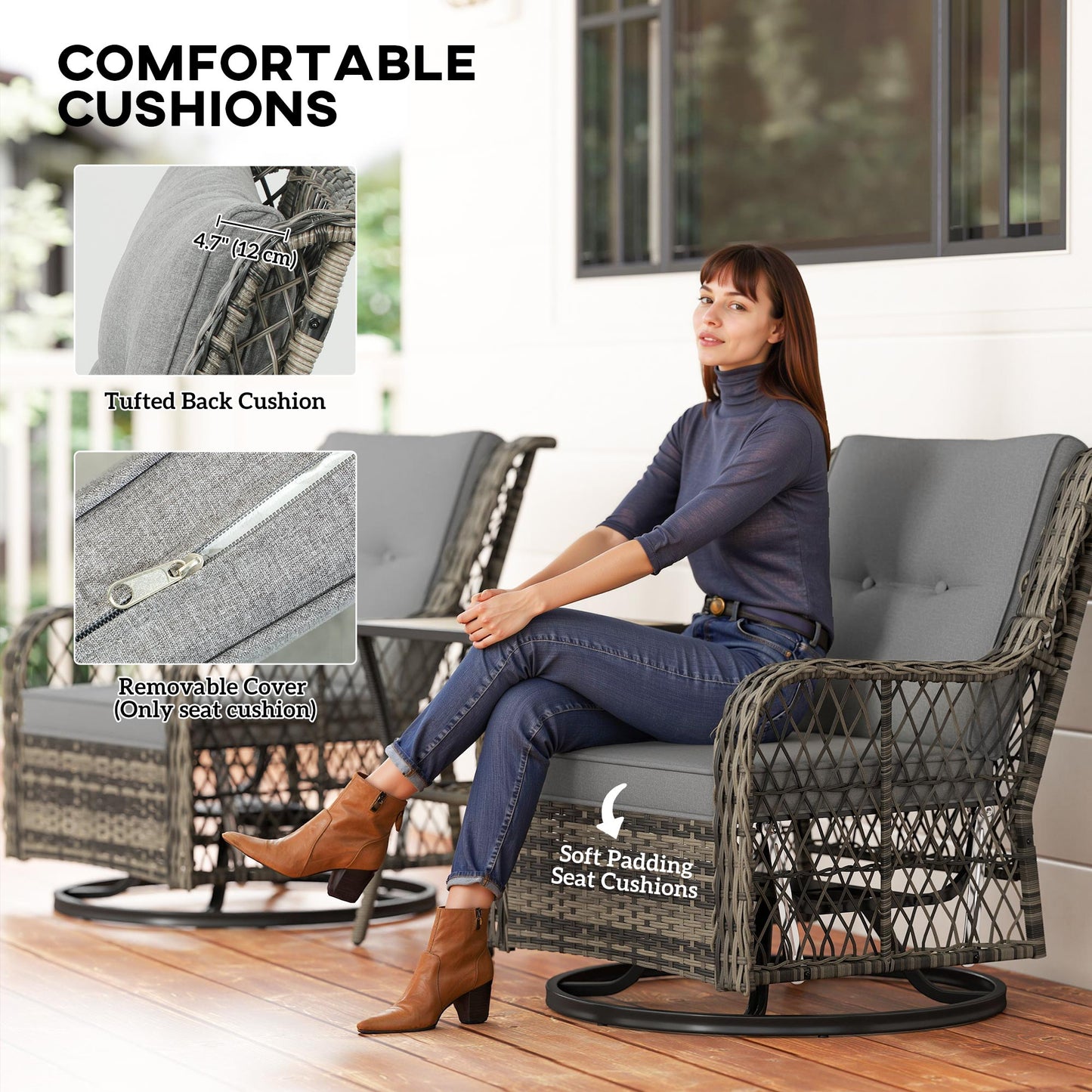 3-Piece Outdoor Bistro Set, Wicker Patio Furniture Set with Swivel Glider Chairs for Balcony, Porch and Small Outdoor Spaces, Grey