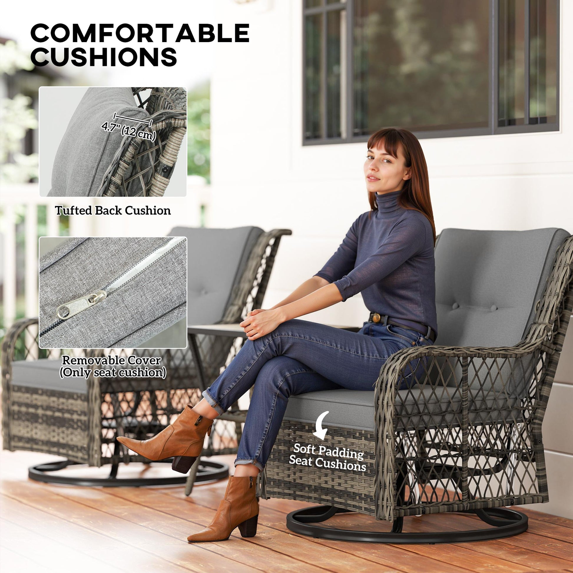 3-Piece Outdoor Bistro Set, Wicker Patio Furniture Set with Swivel Glider Chairs for Balcony, Porch and Small Outdoor Spaces, Grey